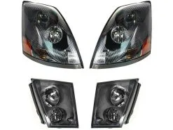 DIY Solutions - Headlight And Fog Light Kit - 4 Piece - Black Bezel - Aerodynamic Lens - 2004 - 2018 Volvo VNL (Excluding VNL 300) - LHT04175